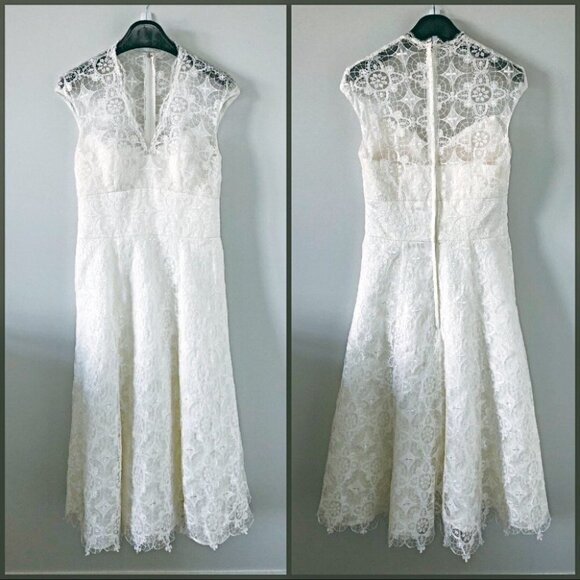 Ivory Lace Overlay Tea Length A-Line Wedding Dress - Picture 16 of 16